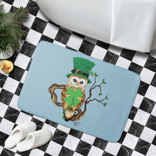 Lucky Green Cute Irish Owl Illustration Bath Mat