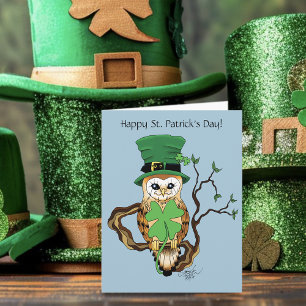 Lucky Green Cute Irish Owl Illustration Card