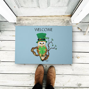 Lucky Green Cute Irish Owl Illustration Doormat