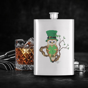 Lucky Green Cute Irish Owl Illustration Hip Flask