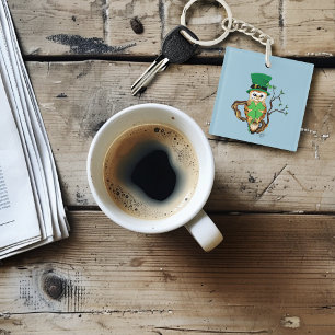 Lucky Green Cute Irish Owl Illustration Keychain