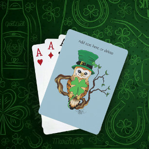 Lucky Green Cute Irish Owl Illustration Poker Cards