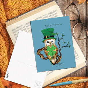 Lucky Green Cute Irish Owl Illustration Postcard