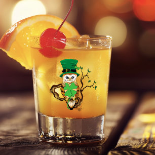 Lucky Green Cute Irish Owl Illustration Shot Glass