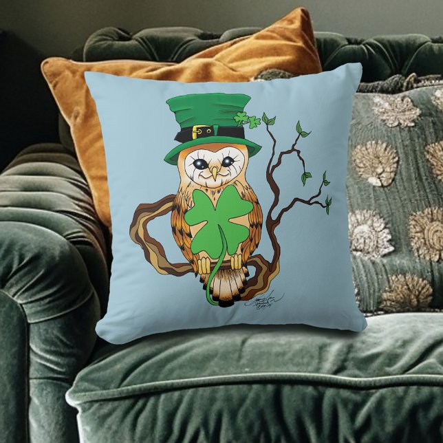 Lucky Green Cute Irish Owl Illustration Throw Pillow (Creator Uploaded)