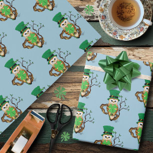 Lucky Green Cute Irish Owl Illustration Wrapping Paper