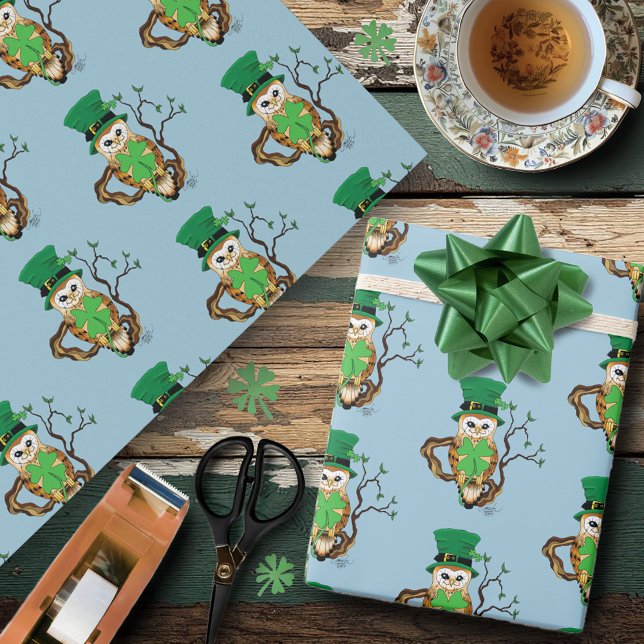 Lucky Green Cute Irish Owl Illustration Wrapping Paper (Creator Uploaded)