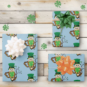 Lucky Green Cute Irish Owl Illustration Wrapping Paper Sheets