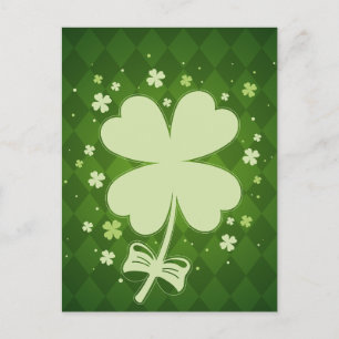 Lucky Green Diamond Four Leaf Ribbon Clover Announcement Postcard