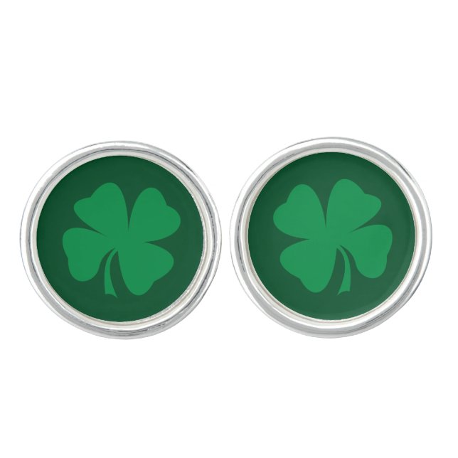 Lucky Green Four Leaf Clover Men's Irish Cufflinks (Front)