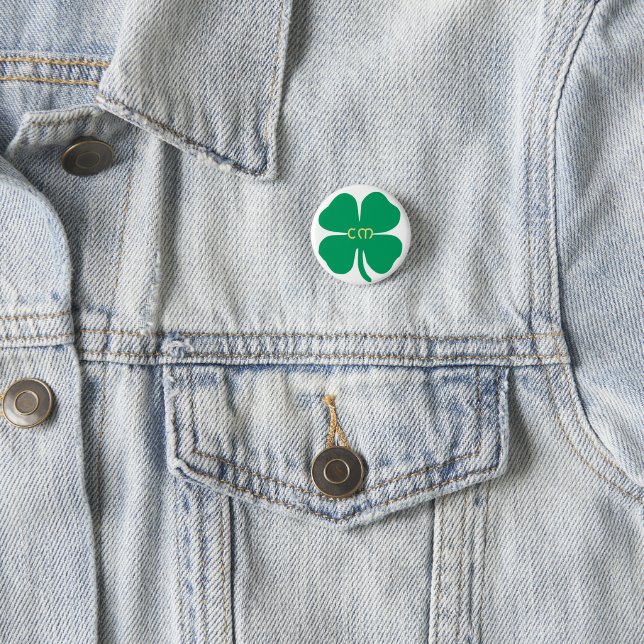 Lucky Green Four Leaf Clover Name Initials Button (In Situ)