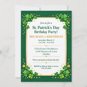 Lucky Green Gold Festive Shamrock Clover Birthday  Invitation