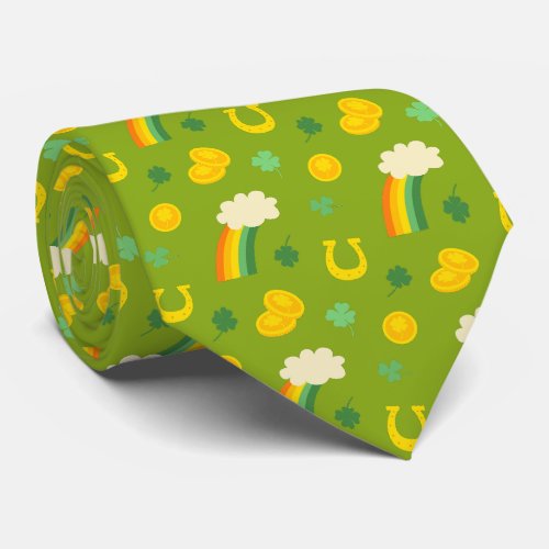 Lucky Green  Gold Shamrocks Coins  Rainbows Neck Tie