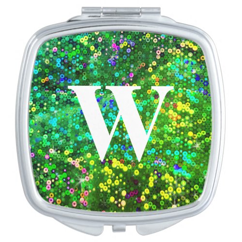 Lucky Green Hologram Sequin Glitter Party Monogram Compact Mirror