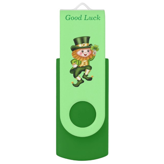 Lucky green leprechaun, shamrock & gold on green flash drive (Front Vertical)