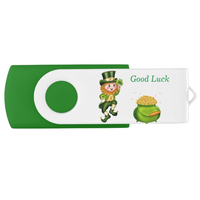 Lucky green leprechaun, shamrock & gold on white flash drive (Front)
