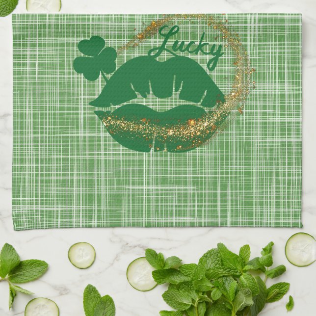 Lucky Green Lips St. Patricks Day Kitchen Towel (Folded)