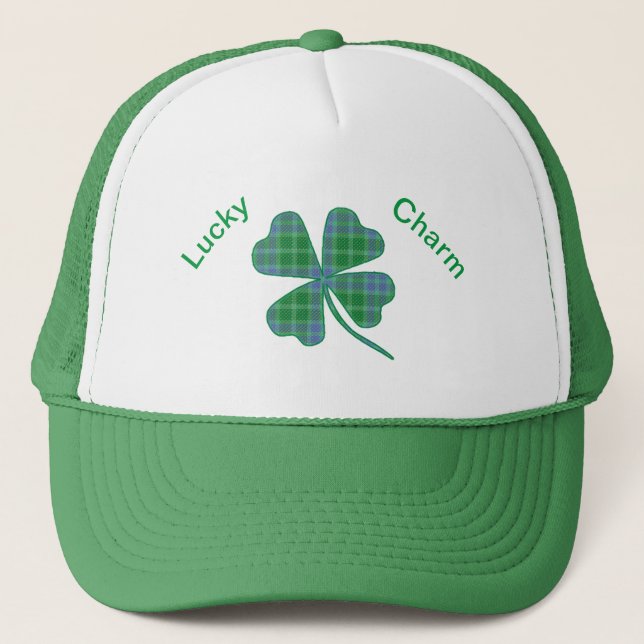 Lucky Green Plaid Shamrock Four-Leaf Clover  Trucker Hat (Front)