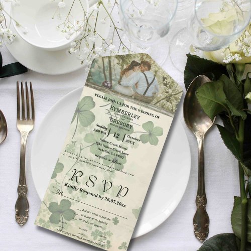 Lucky Green Shamrock Botanical on Cream One Photo All In One Invitation