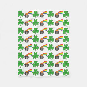 Lucky Green Shamrock Clover Rainbow Pot of Gold Fleece Blanket