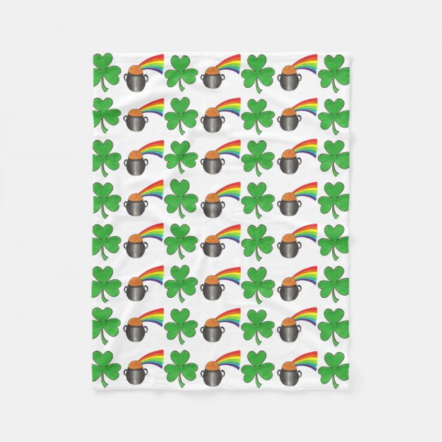 Lucky Green Shamrock Clover Rainbow Pot of Gold Fleece Blanket (Front)