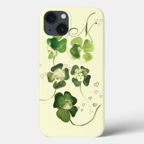 LUCKY GREEN SHAMROCK LADIES WITH HEARTS MONOGRAM iPhone 13 CASE