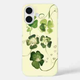 LUCKY GREEN SHAMROCK LADIES WITH HEARTS Monogram iPhone 16 Case