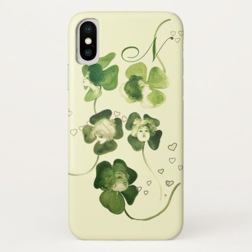 LUCKY GREEN SHAMROCK LADIES WITH HEARTS MONOGRAM iPhone X CASE