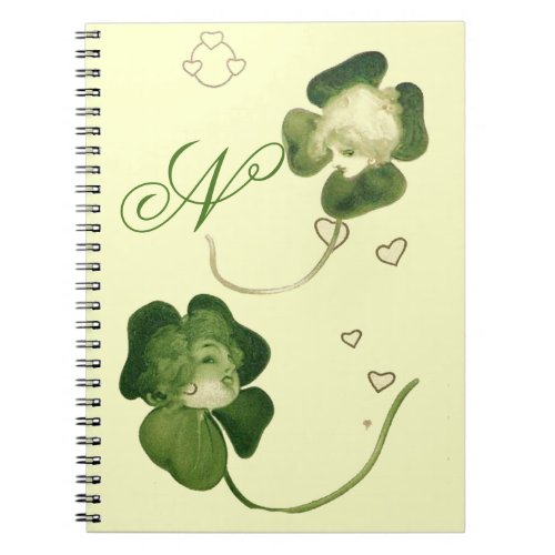LUCKY GREEN SHAMROCK LADIES WITH HEARTS MONOGRAM NOTEBOOK