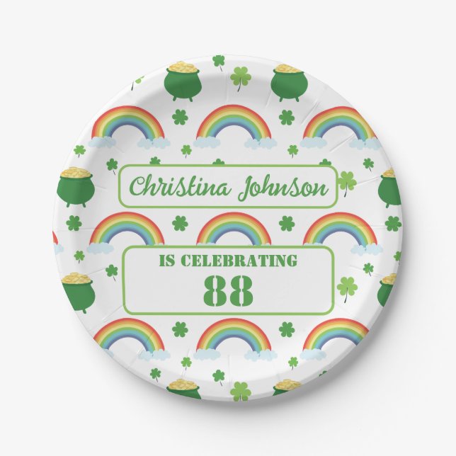 Lucky Green Shamrock St Patricks Day Rainbow Paper Plates (Front)