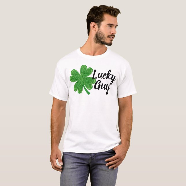 Lucky Guy 4 Leaf Clover St. Patrick's Day Green T-Shirt (Front Full)