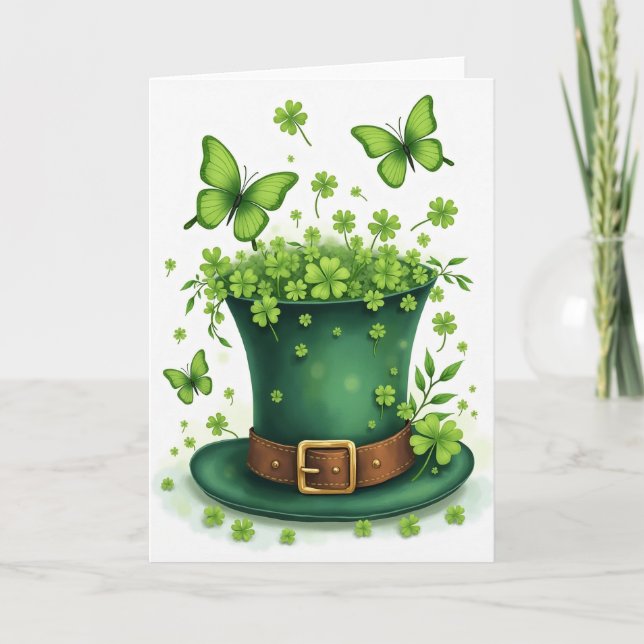 Lucky Hat Shamrocks St Patricks Day Card (Front)