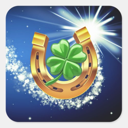 Lucky horseshoe 4 leaf clover shooting star blue square sticker
