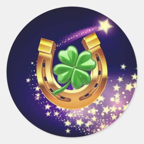 Lucky horseshoe 4 leaf clover shooting star purple classic round sticker