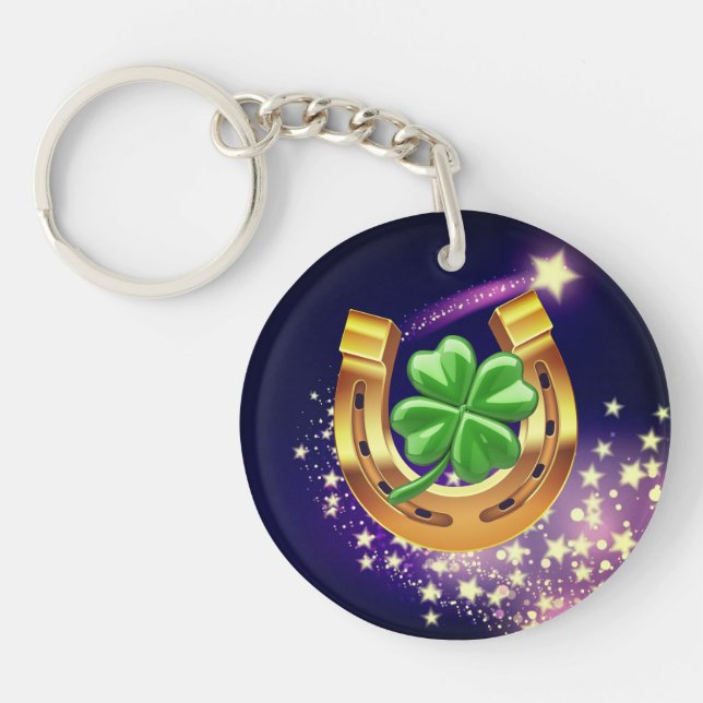 Lucky horseshoe 4 leaf clover shooting star purple keychain (Front)