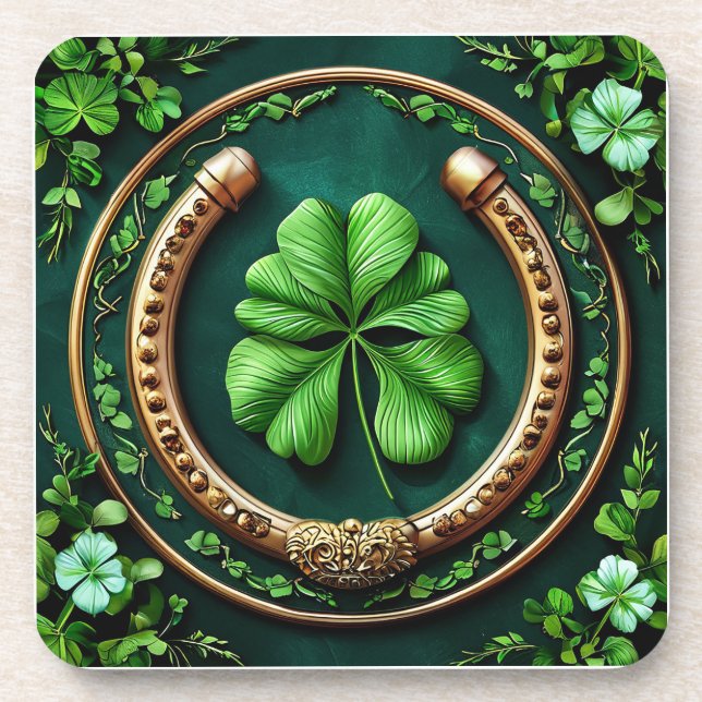Lucky Horseshoe and Clover Design Beverage Coaster (Front)
