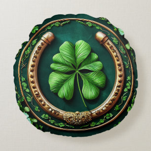 Lucky Horseshoe and Clover Design Round Pillow