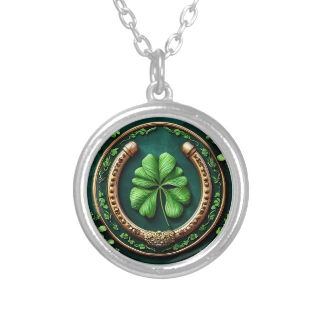 Lucky Horseshoe and Clover Design Silver Plated Necklace (Front)