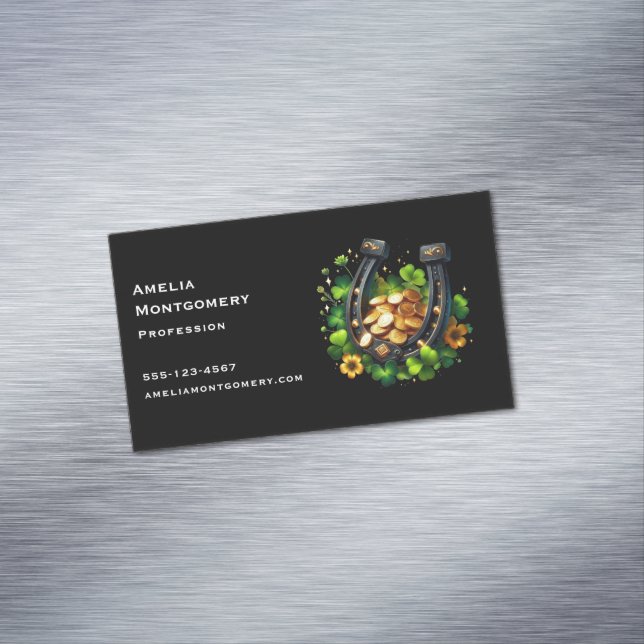 Lucky Horseshoe and Gold Coins St. Patrick's Day Business Card Magnet (In Situ)