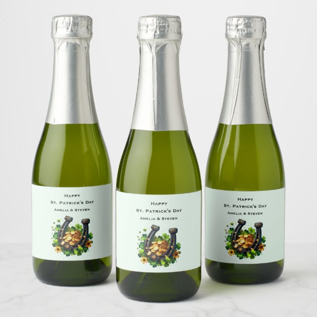 Lucky Horseshoe and Gold Coins St. Patrick's Day Sparkling Wine Label (Bottles)