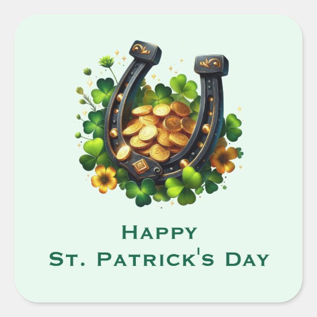 Lucky Horseshoe and Gold Coins St. Patrick's Day Square Sticker (Front)