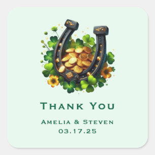 Lucky Horseshoe and Gold Coins Wedding Thank You Square Sticker