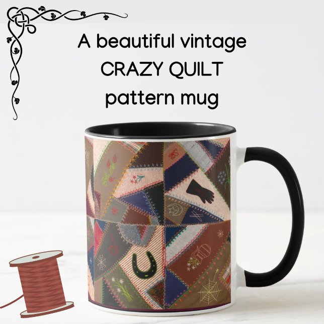 Lucky Horseshoe Colorful Patchwork Crazy Quilt Mug (A colorful vintage patchwork crazy quilt pattern mug! Choice of handle/interior colors available.)