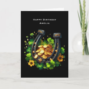 Lucky Horseshoe Gold Coins and Clover Birthday Card