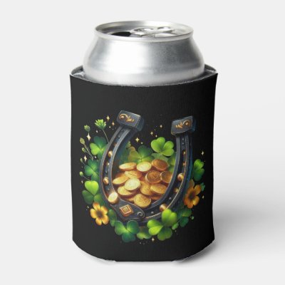 Lucky Horseshoe Gold Coins and Clover Can Cooler