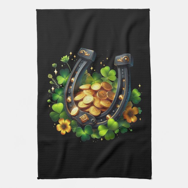 Lucky Horseshoe Gold Coins and Clover Kitchen Towel (Vertical)