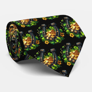 Lucky Horseshoe Gold Coins and Clover Pattern Neck Tie