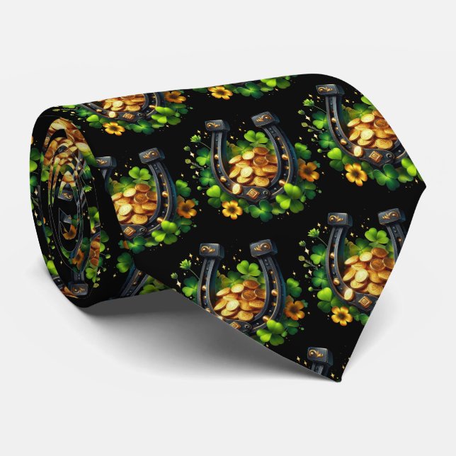 Lucky Horseshoe Gold Coins and Clover Pattern Neck Tie (Rolled)