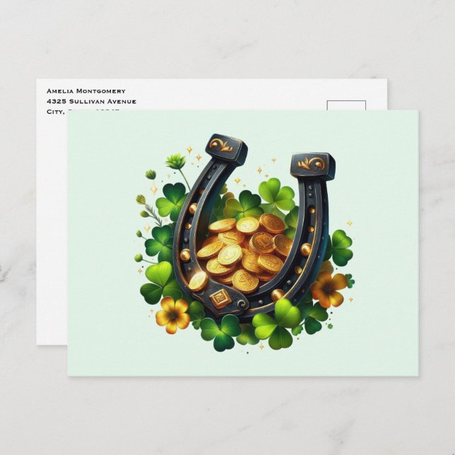 Lucky Horseshoe Gold Coins and Clover Postcard (Front/Back)
