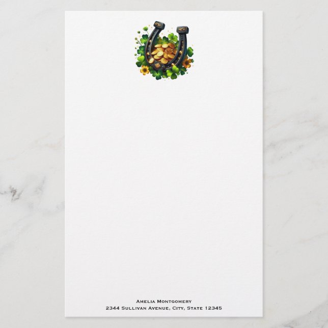 Lucky Horseshoe Gold Coins and Clover Stationery (Front)